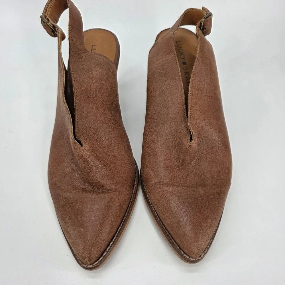 Lucky Brand Aroyli Slingback Brown‎ Leather Shootie Boots Wood Stacked Heels 8.5